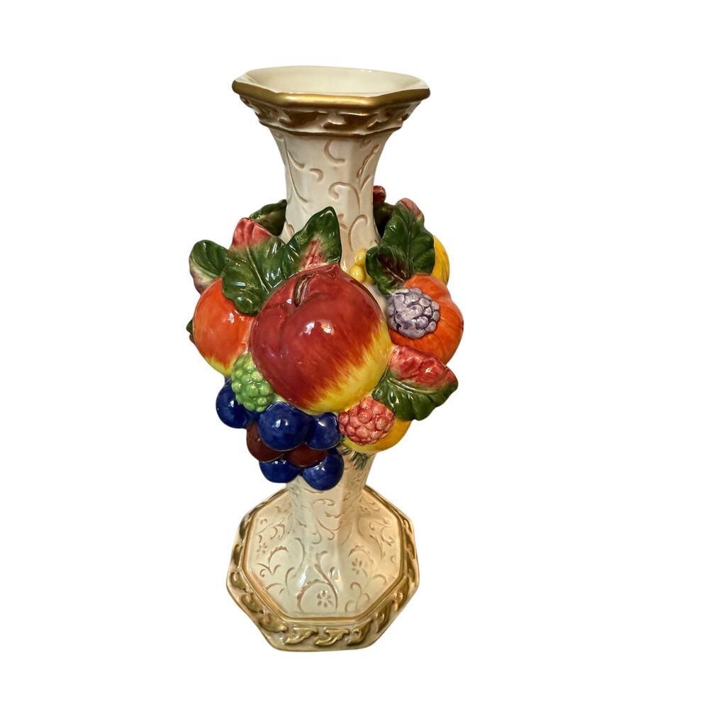 Vintage Ceramic Fruit Embellished Vase 9” – Tuscan Majolica Style Decor